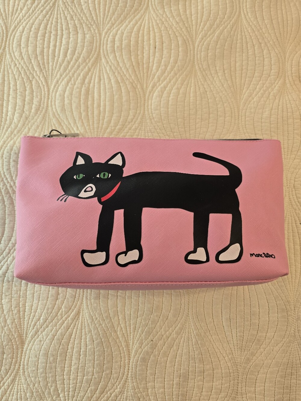 NWT Marc Tetro Pink Cosmetic Pouch With Black Cat Image